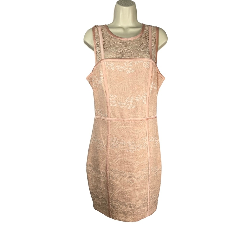 Bebe Dress Womens 10 Blush Pink Lace Illusion Neck Sheath Party Cocktail